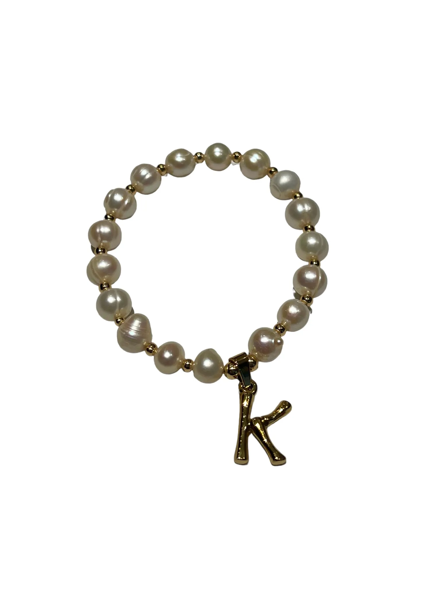 E-HC DESIGNS- Letter Initial Pearl-Gold Elastic Bracelet