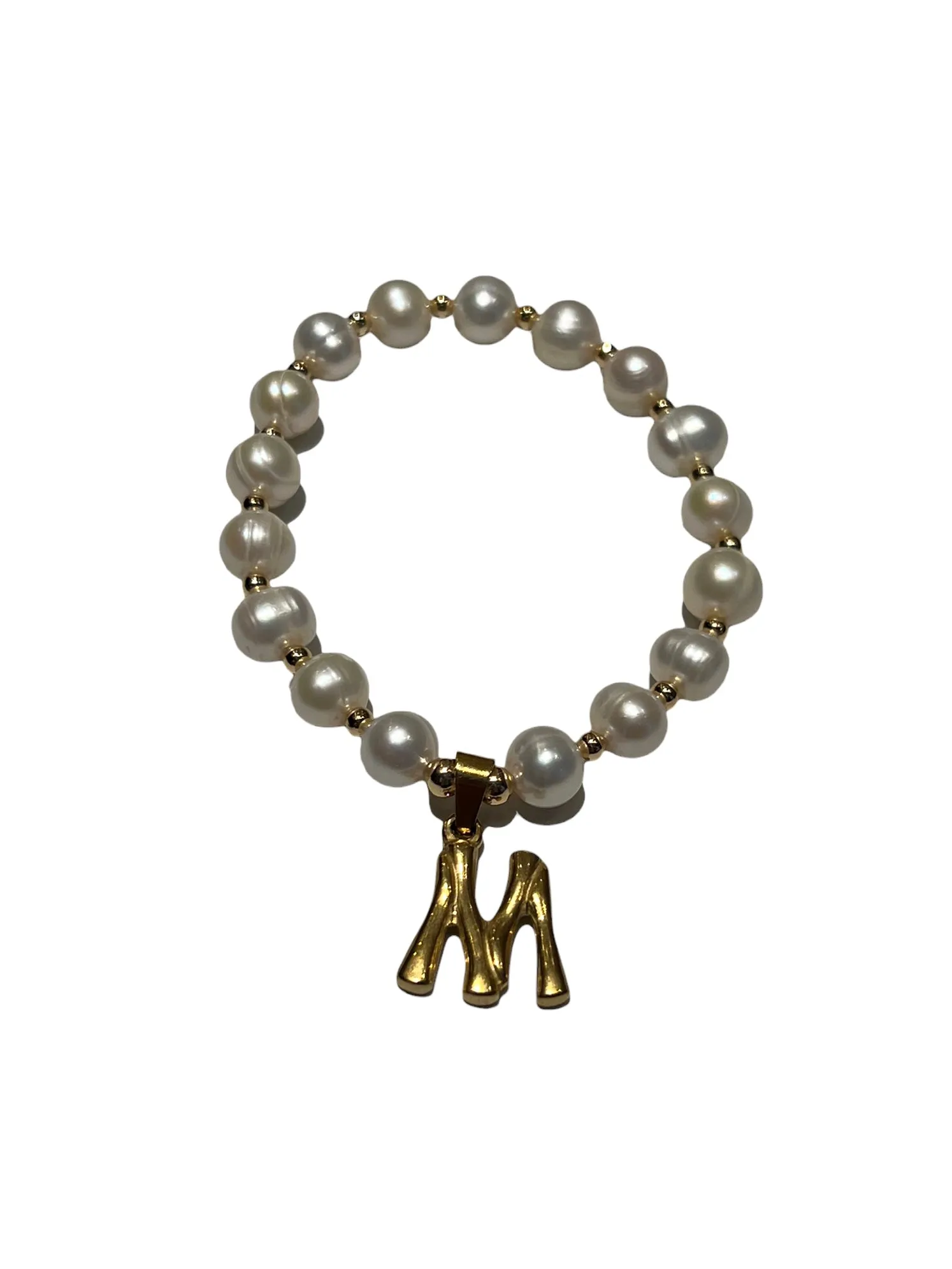 E-HC DESIGNS- Letter Initial Pearl-Gold Elastic Bracelet