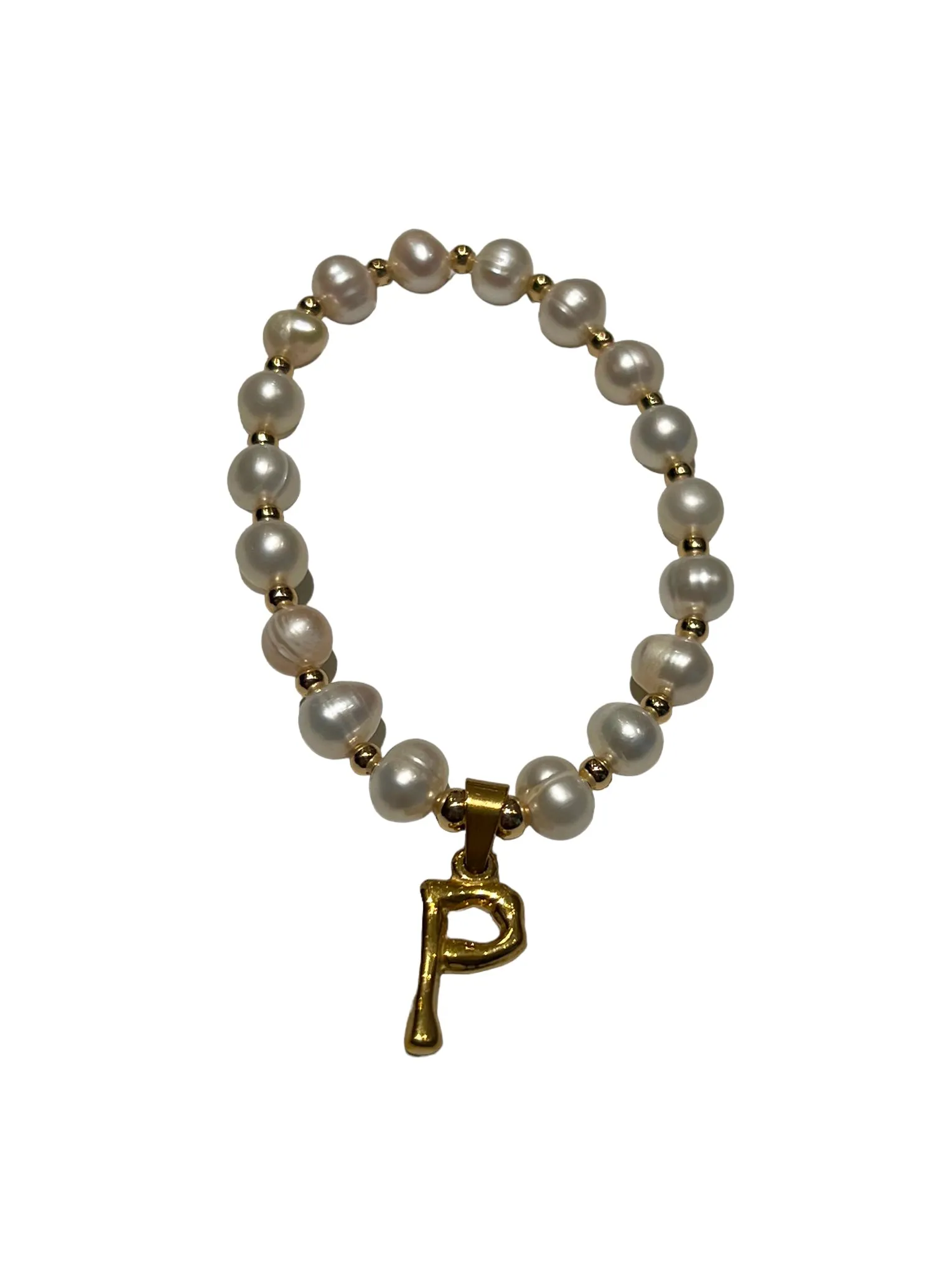 E-HC DESIGNS- Letter Initial Pearl-Gold Elastic Bracelet