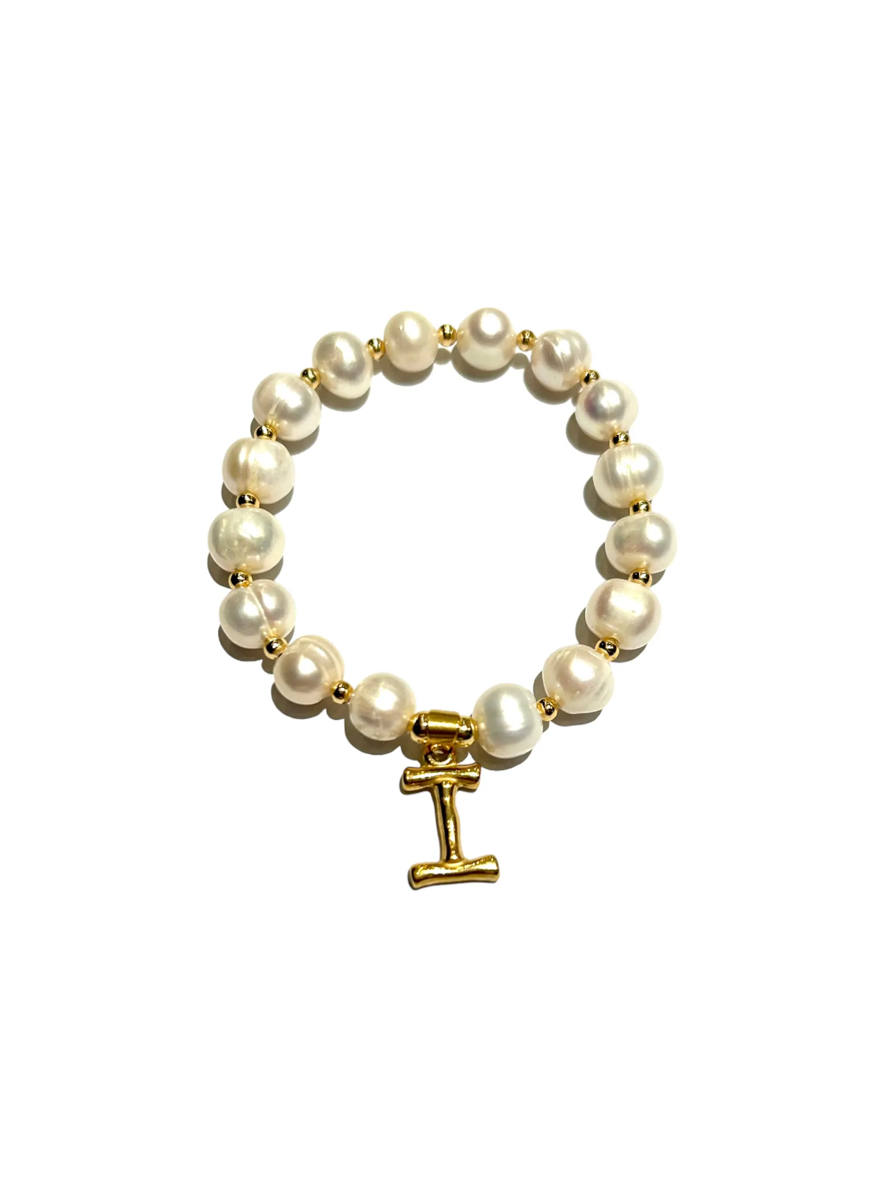 E-HC DESIGNS- Letter Initial Pearl-Gold Elastic Bracelet