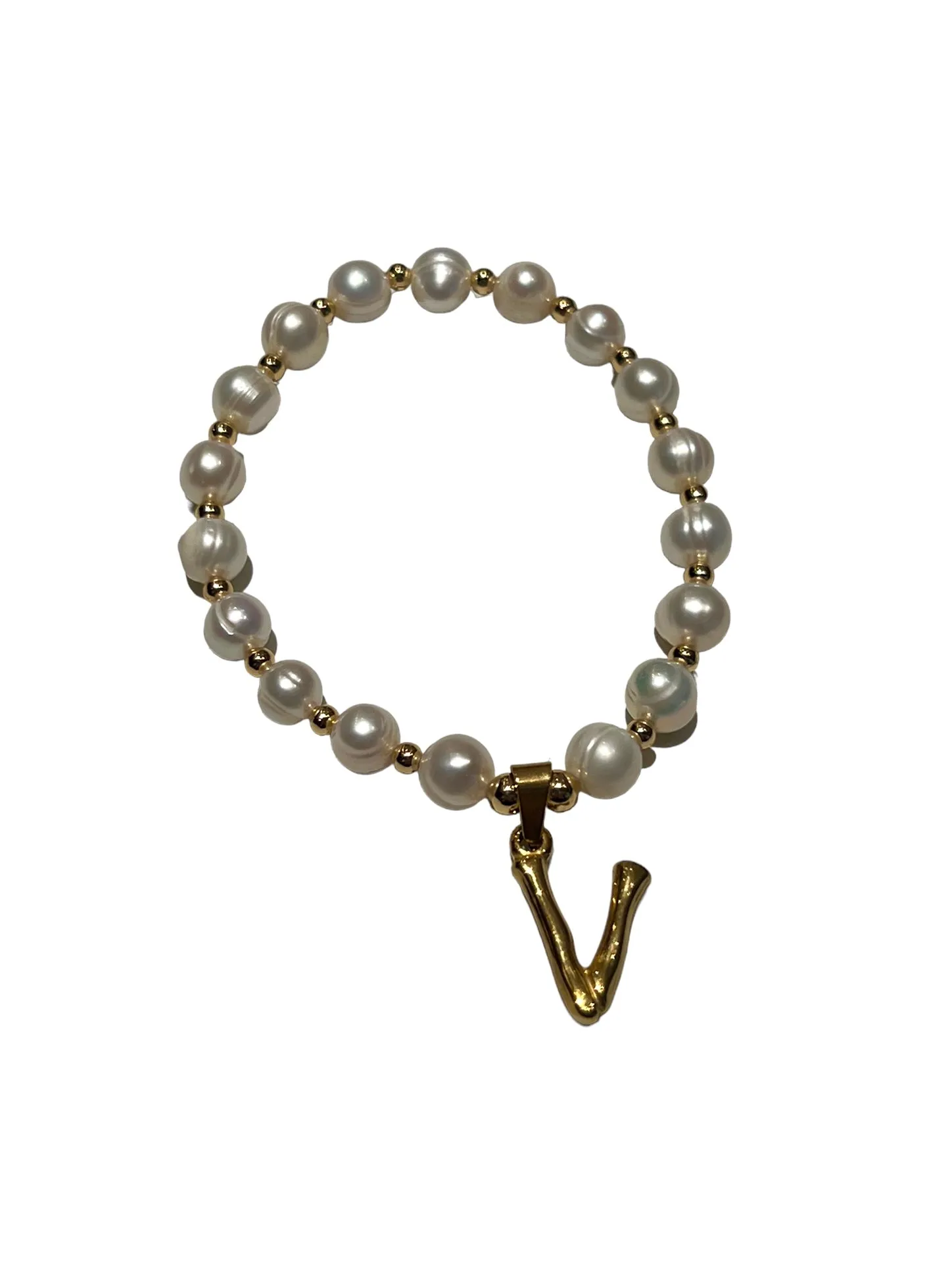 E-HC DESIGNS- Letter Initial Pearl-Gold Elastic Bracelet