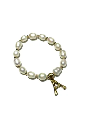 E-HC DESIGNS- Letter Initial Pearl-Gold Elastic Bracelet