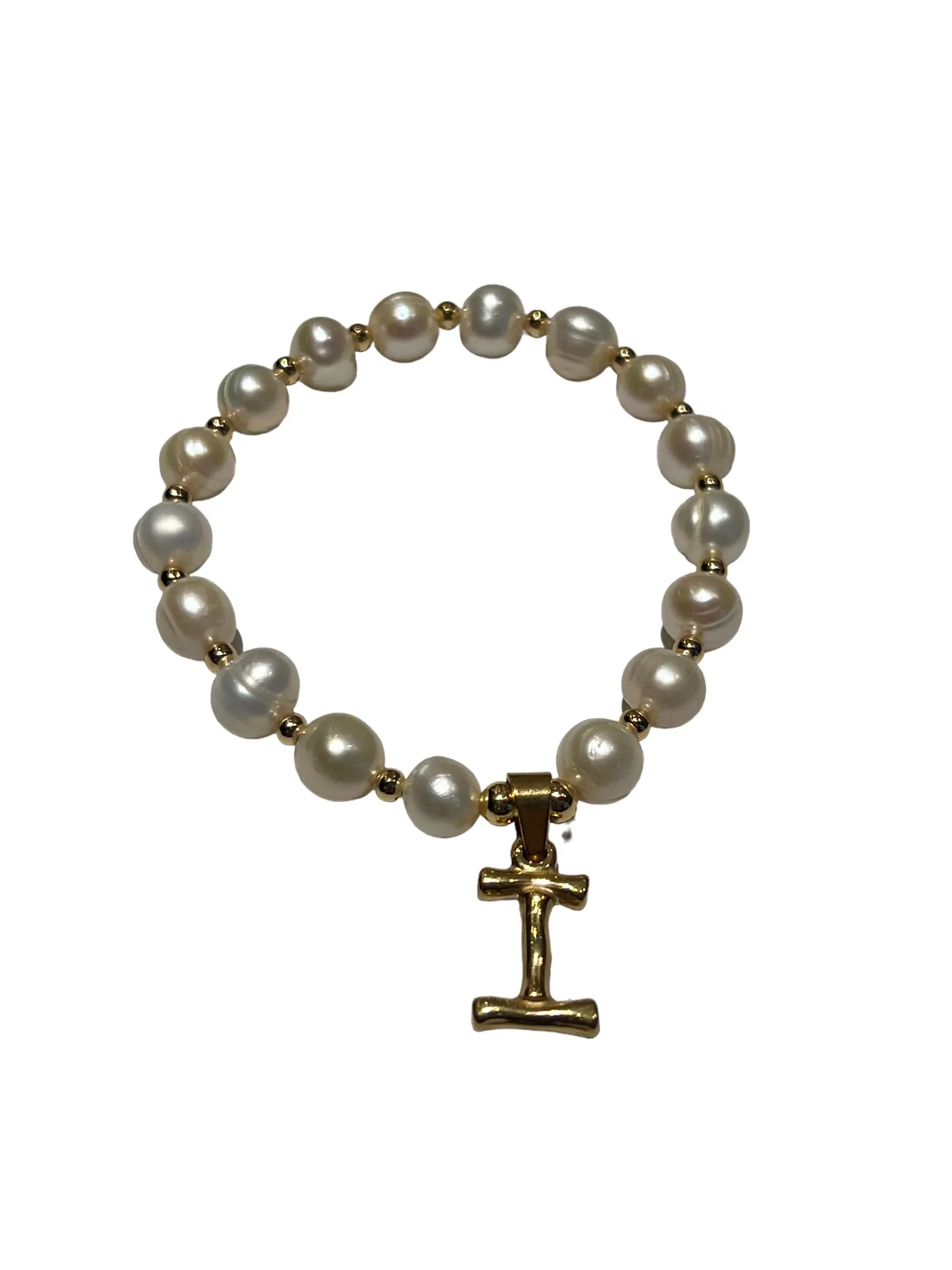 E-HC DESIGNS- Letter Initial Pearl-Gold Elastic Bracelet