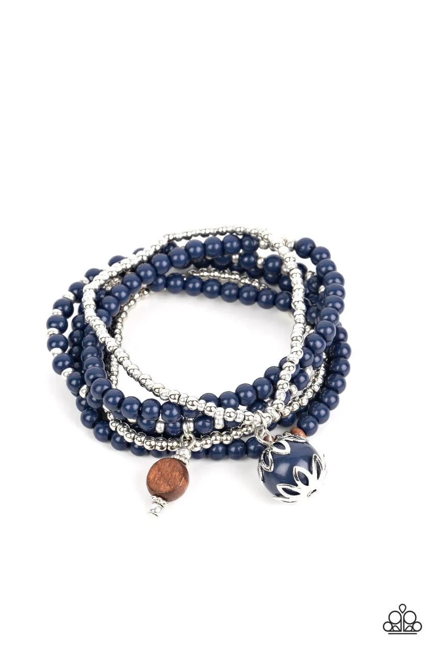 Epic Escapade - Blue - Silver, Wooden Bead Paparazzi Stretchy Bracelet