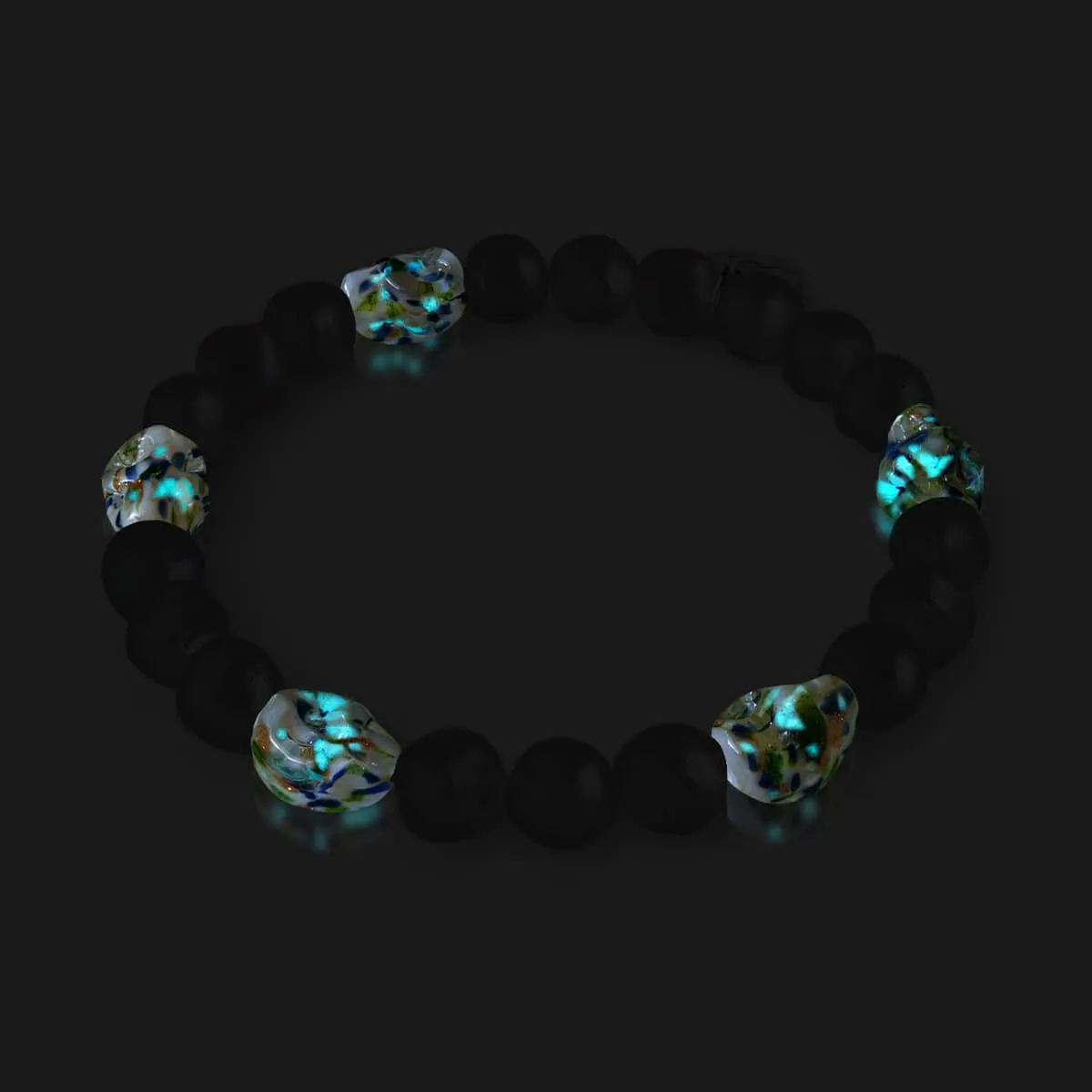Ethereal Gloom | .925 Sterling Silver | Opal Silver Freshwater Pearl x Firefly Glass Skull Bracelet