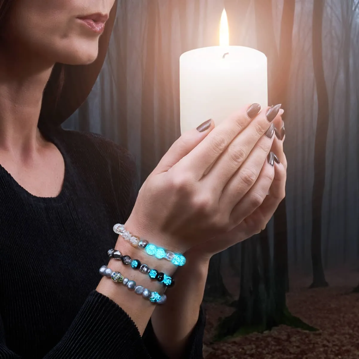 Ethereal Gloom | .925 Sterling Silver | Opal Silver Freshwater Pearl x Firefly Glass Skull Bracelet