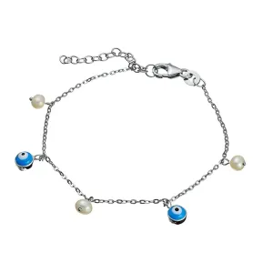 Evil Eye and Pearl Charm Bracelet in Sterling Silver