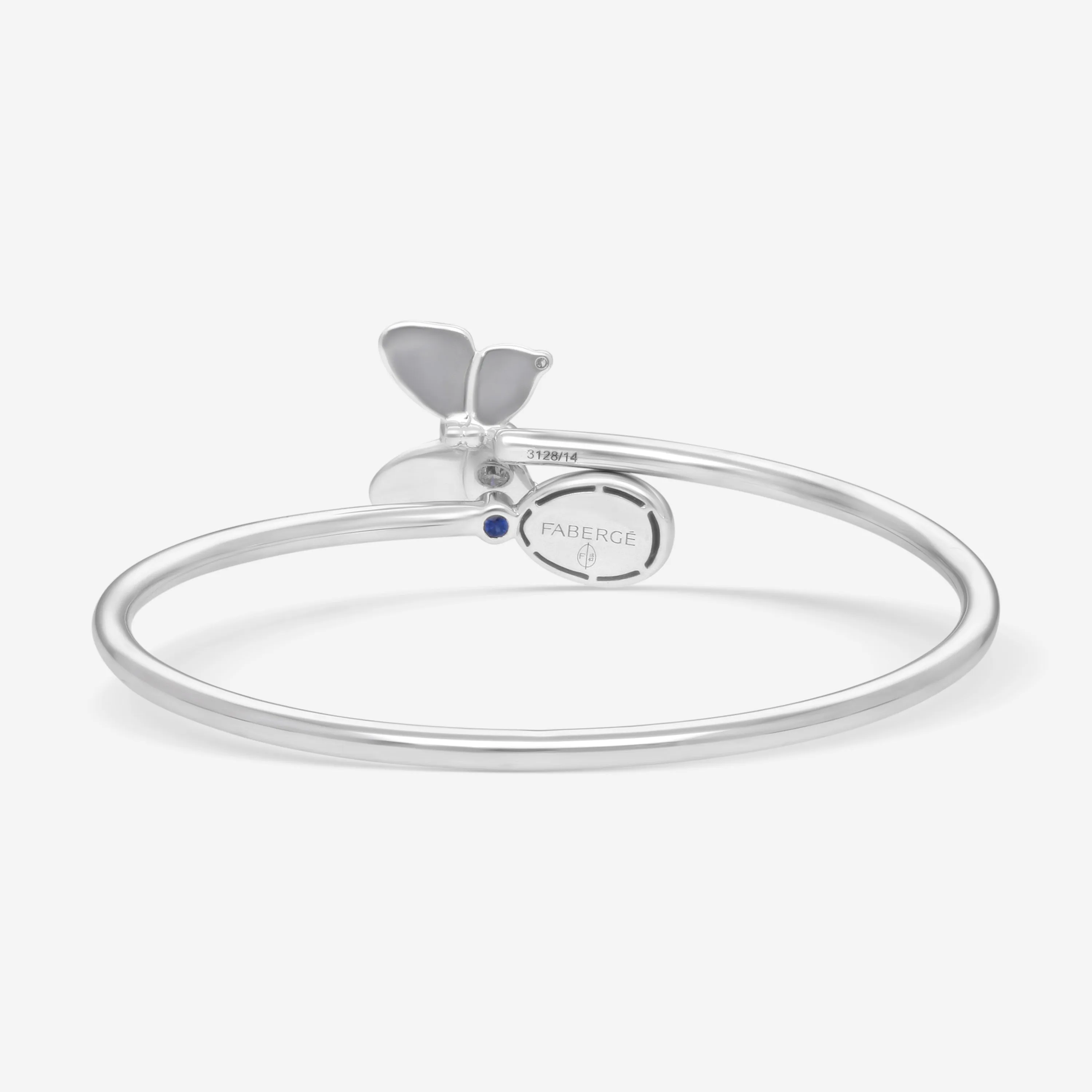 Fabergé 18K White Gold Blue Enamel Butterfly and Egg Cross Over Medium Size Bangle Bracelet  1824BT3128
