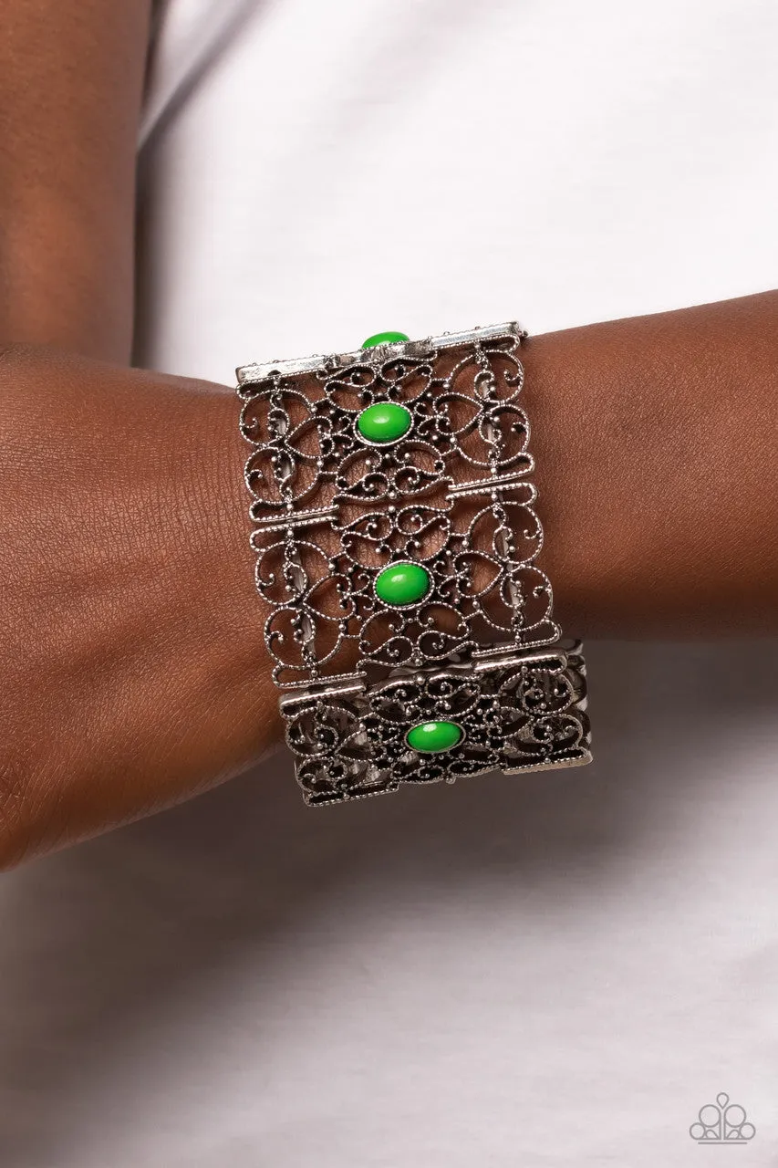 Fairest Filigree - Green - Green Bead Paparazzi Stretchy Bracelet
