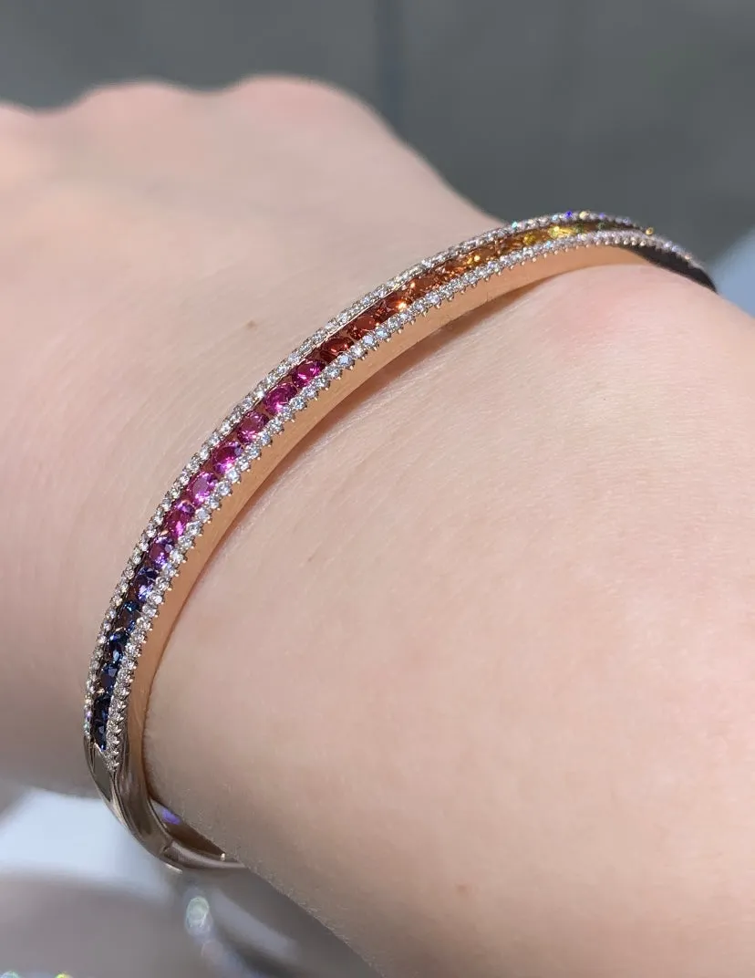 Fancy Color Rainbow Sapphire & Diamond Rose Gold Bangle Bracelet