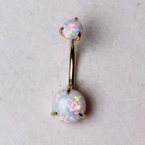 FASHION HUT JEWELRY - Original 14Kt. Yellow Gold Navel Ring With Prong Set White Synthetic Opal