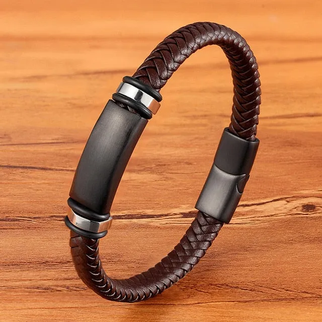 Fashion Stainless-Steel Charm Genuine Leather Bracelet