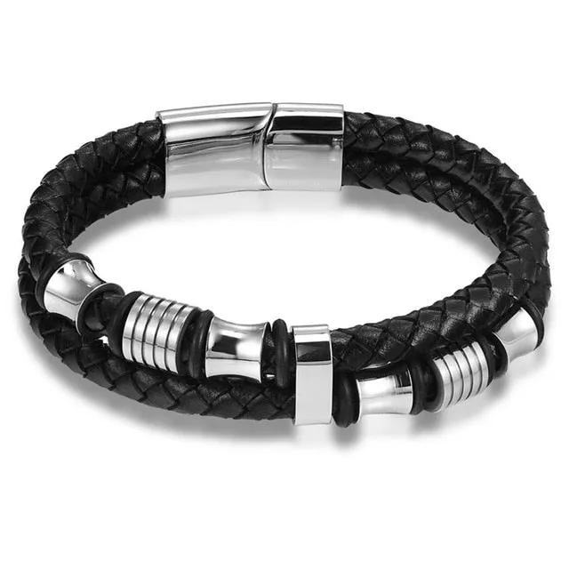 Fashion Stainless-Steel Charm Genuine Leather Bracelet