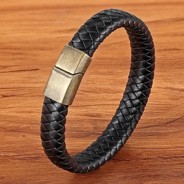 Fashion Stainless-Steel Charm Genuine Leather Bracelet