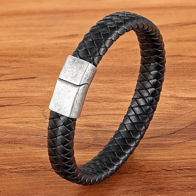 Fashion Stainless-Steel Charm Genuine Leather Bracelet