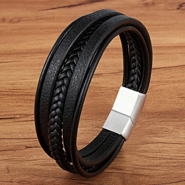 Fashion Stainless-Steel Charm Genuine Leather Bracelet