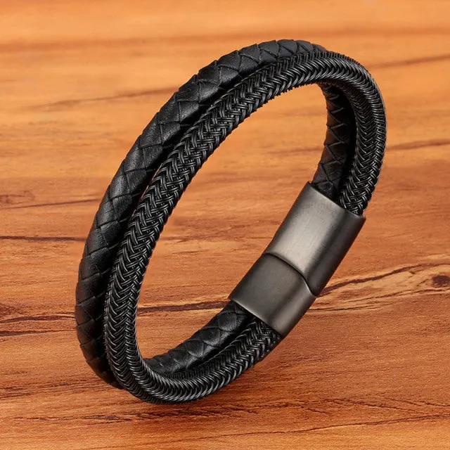 Fashion Stainless-Steel Charm Genuine Leather Bracelet