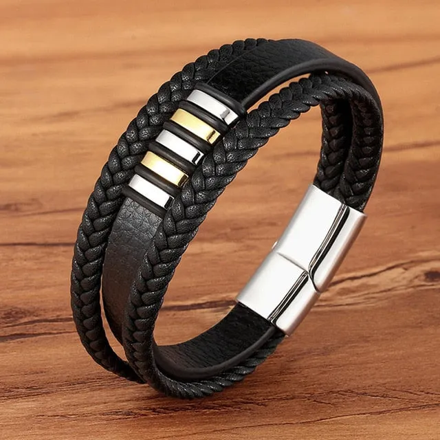 Fashion Stainless-Steel Charm Genuine Leather Bracelet