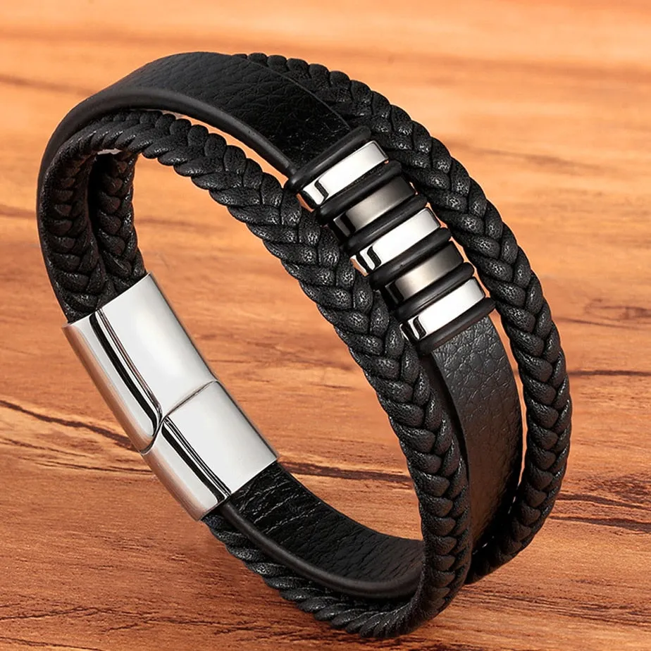 Fashion Stainless-Steel Charm Genuine Leather Bracelet