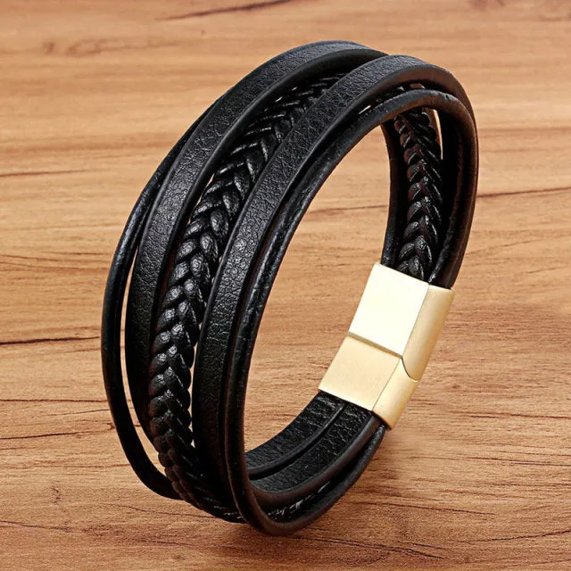 Fashion Stainless-Steel Charm Genuine Leather Bracelet
