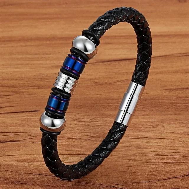 Fashion Stainless-Steel Charm Genuine Leather Bracelet