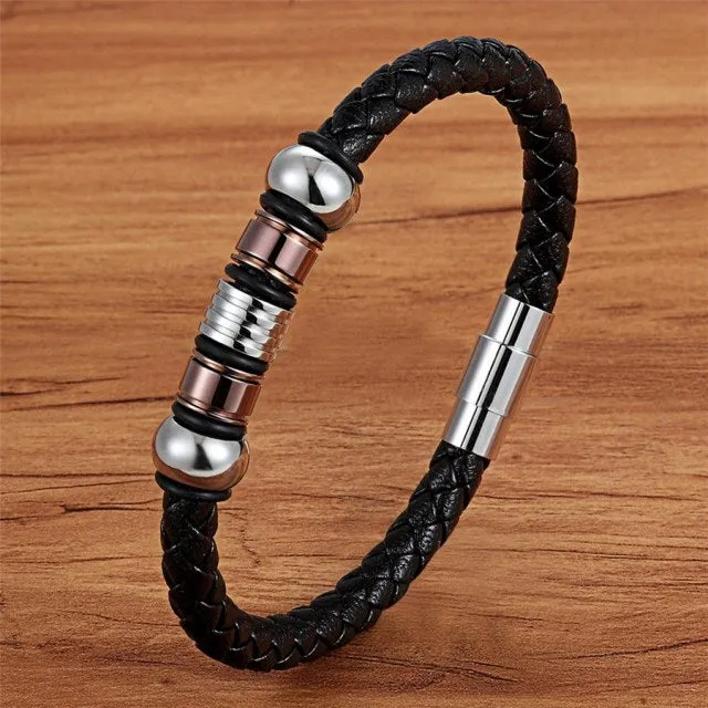Fashion Stainless-Steel Charm Genuine Leather Bracelet