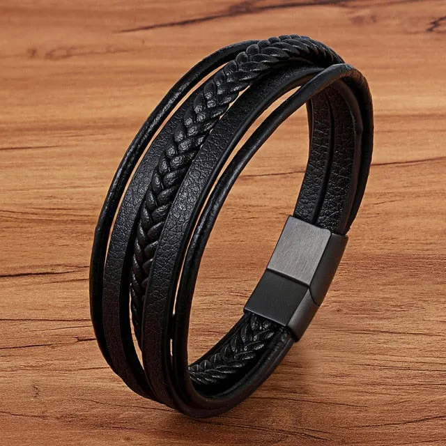 Fashion Stainless-Steel Charm Genuine Leather Bracelet