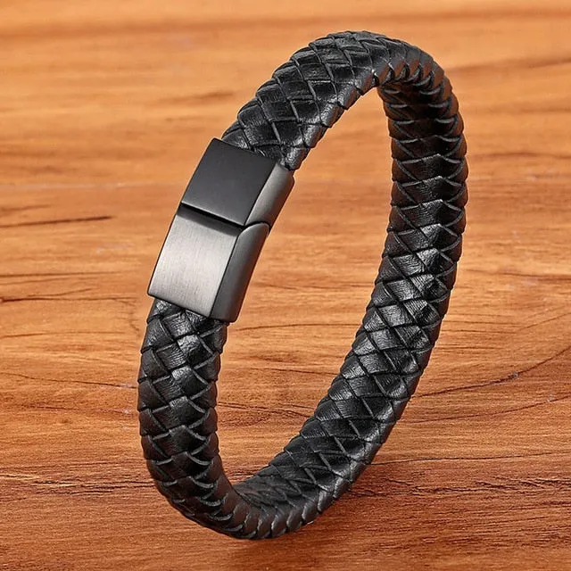 Fashion Stainless-Steel Charm Genuine Leather Bracelet