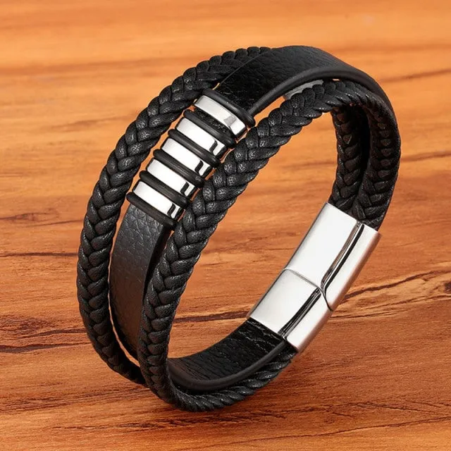 Fashion Stainless-Steel Charm Genuine Leather Bracelet
