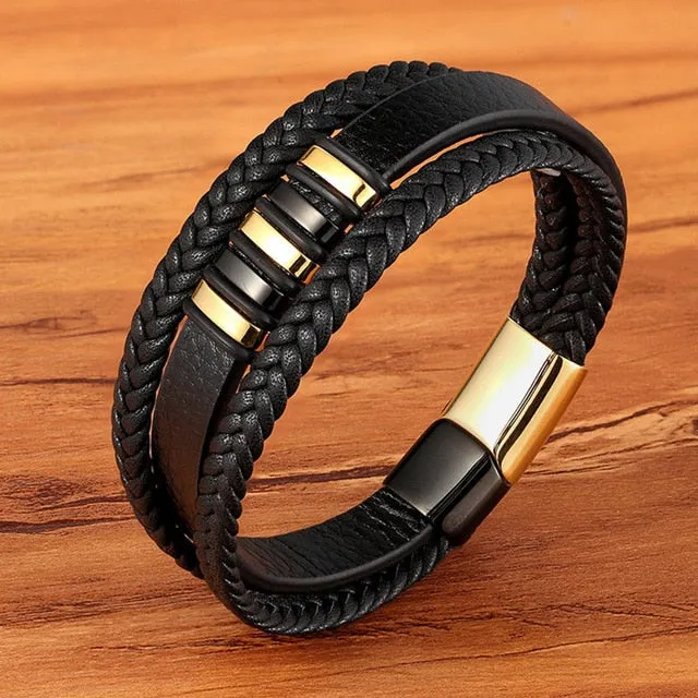 Fashion Stainless-Steel Charm Genuine Leather Bracelet