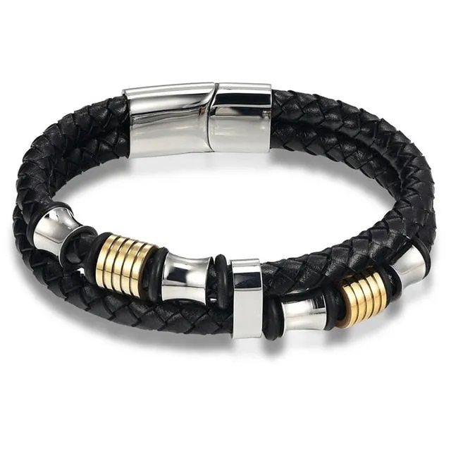 Fashion Stainless-Steel Charm Genuine Leather Bracelet