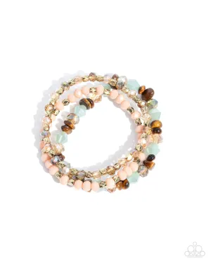 Flawless Facets - Brown - Tiger's Eye Stone & Green, Pink, and Gold Bead Paparazzi Stretchy Bracelet