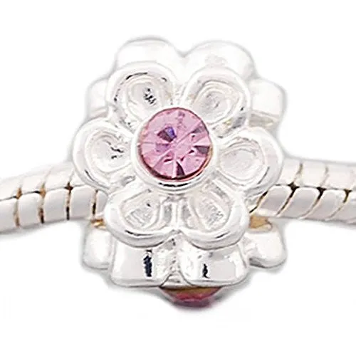 Flower with Pink  Crystals European Bead Compatible for Most European Snake Chain Charm Bracelet