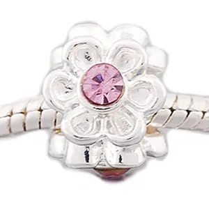 Flower with Pink  Crystals European Bead Compatible for Most European Snake Chain Charm Bracelet