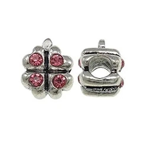 Four Leaf Clover with Pink Crytals Charm European Bead Compatible for Most European Snake Chain Bracelet