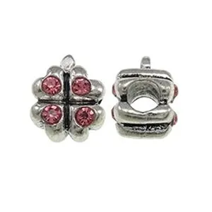 Four Leaf Clover with Pink Crytals Charm European Bead Compatible for Most European Snake Chain Bracelet