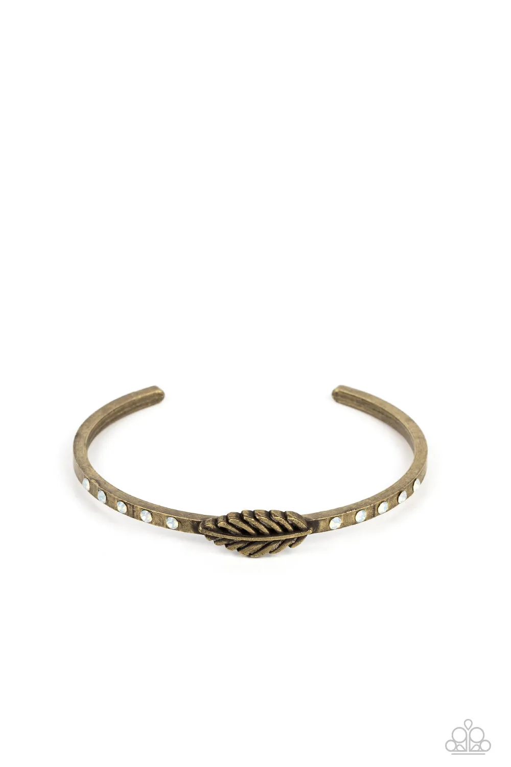 Free-Spirited Shimmer - Brass - Feather White Opalescent Rhinestone Feather Paparazzi Cuff Bracelet