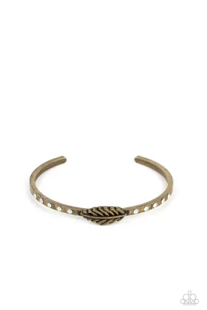 Free-Spirited Shimmer - Brass - Feather White Opalescent Rhinestone Feather Paparazzi Cuff Bracelet