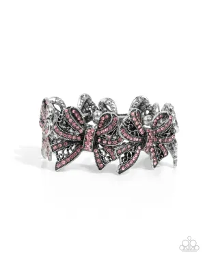 French Flourish - Pink - Rhinestone Encrusted Silver Bow Paparazzi Stretchy Bracelet