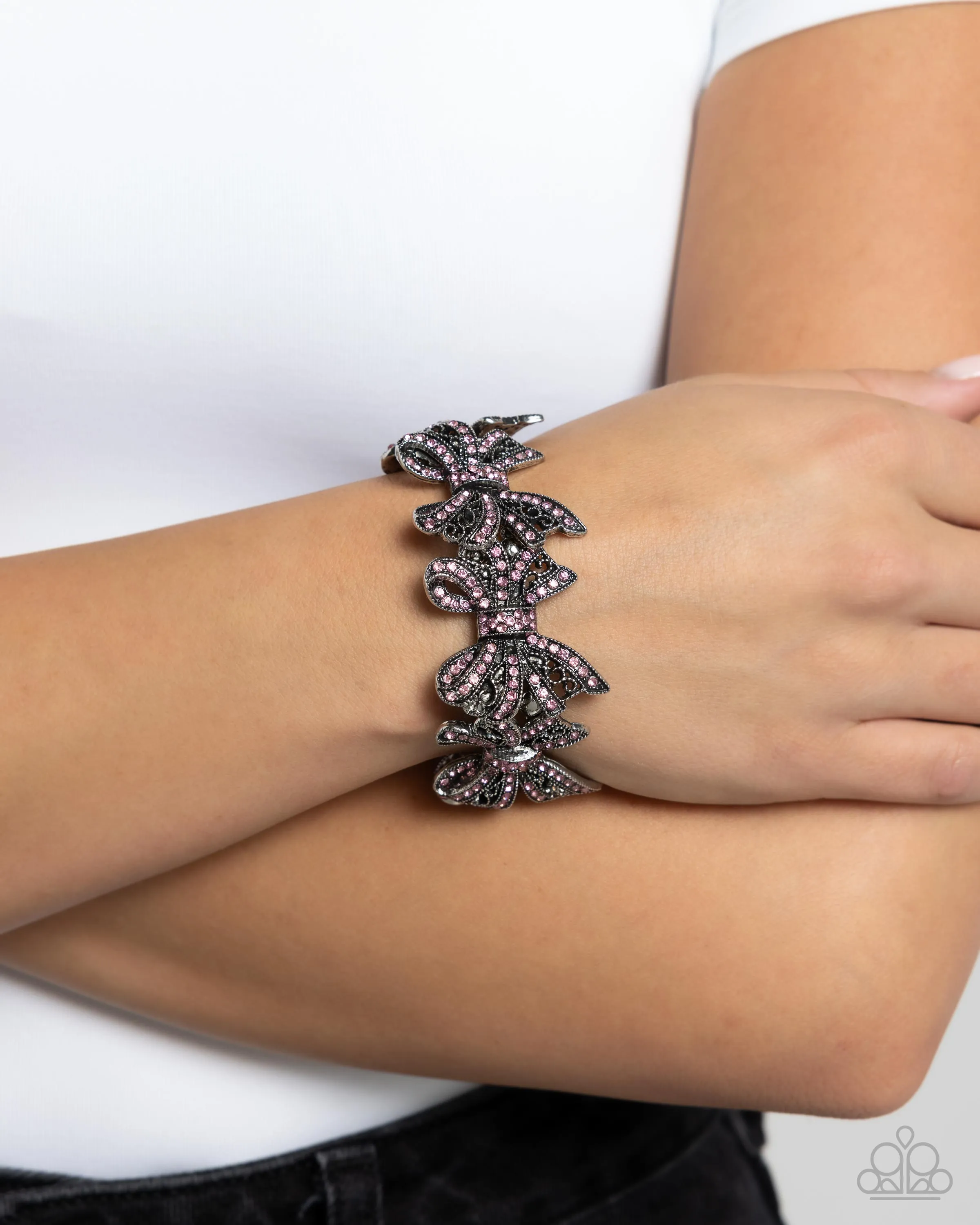 French Flourish - Pink - Rhinestone Encrusted Silver Bow Paparazzi Stretchy Bracelet