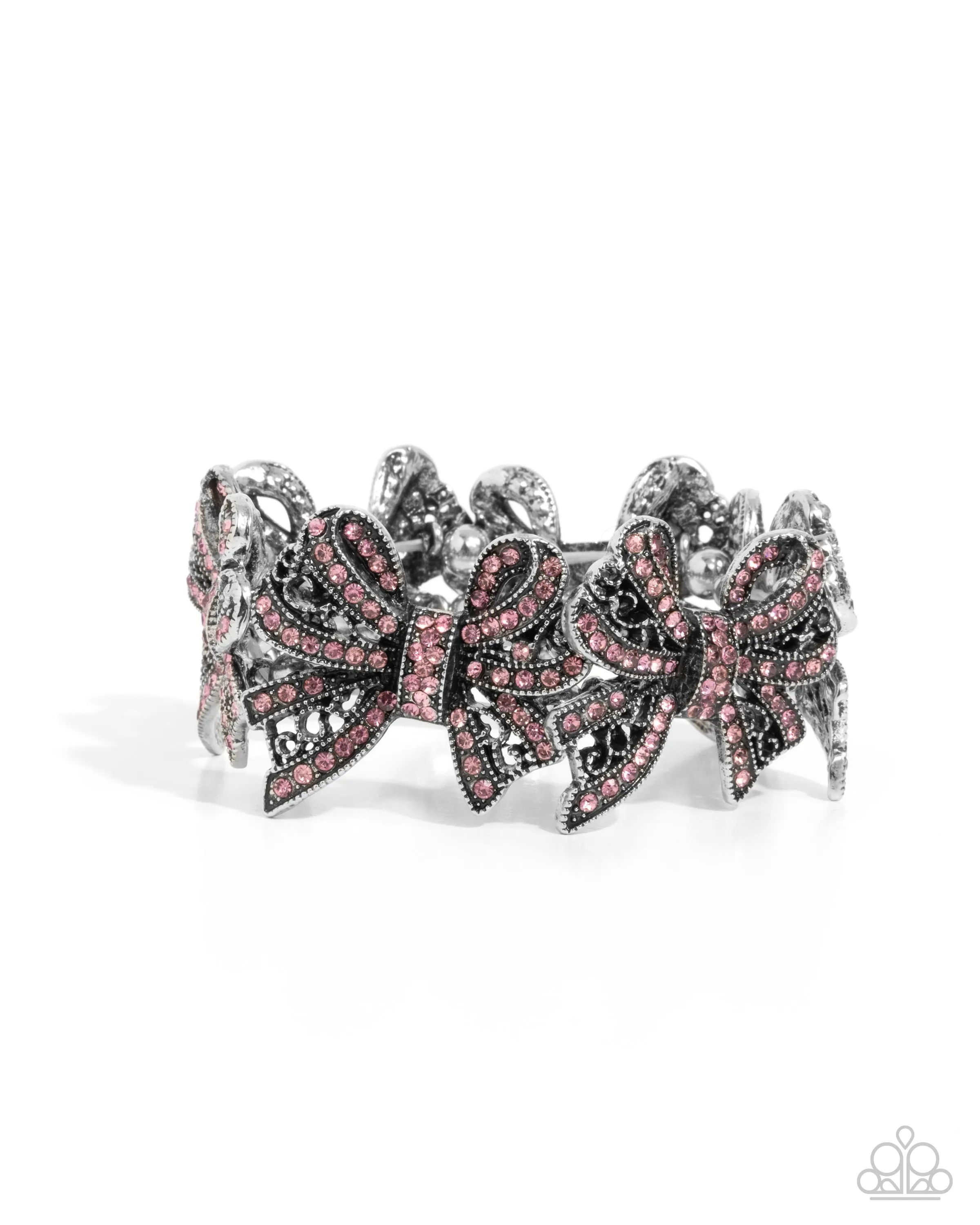French Flourish - Pink - Rhinestone Encrusted Silver Bow Paparazzi Stretchy Bracelet