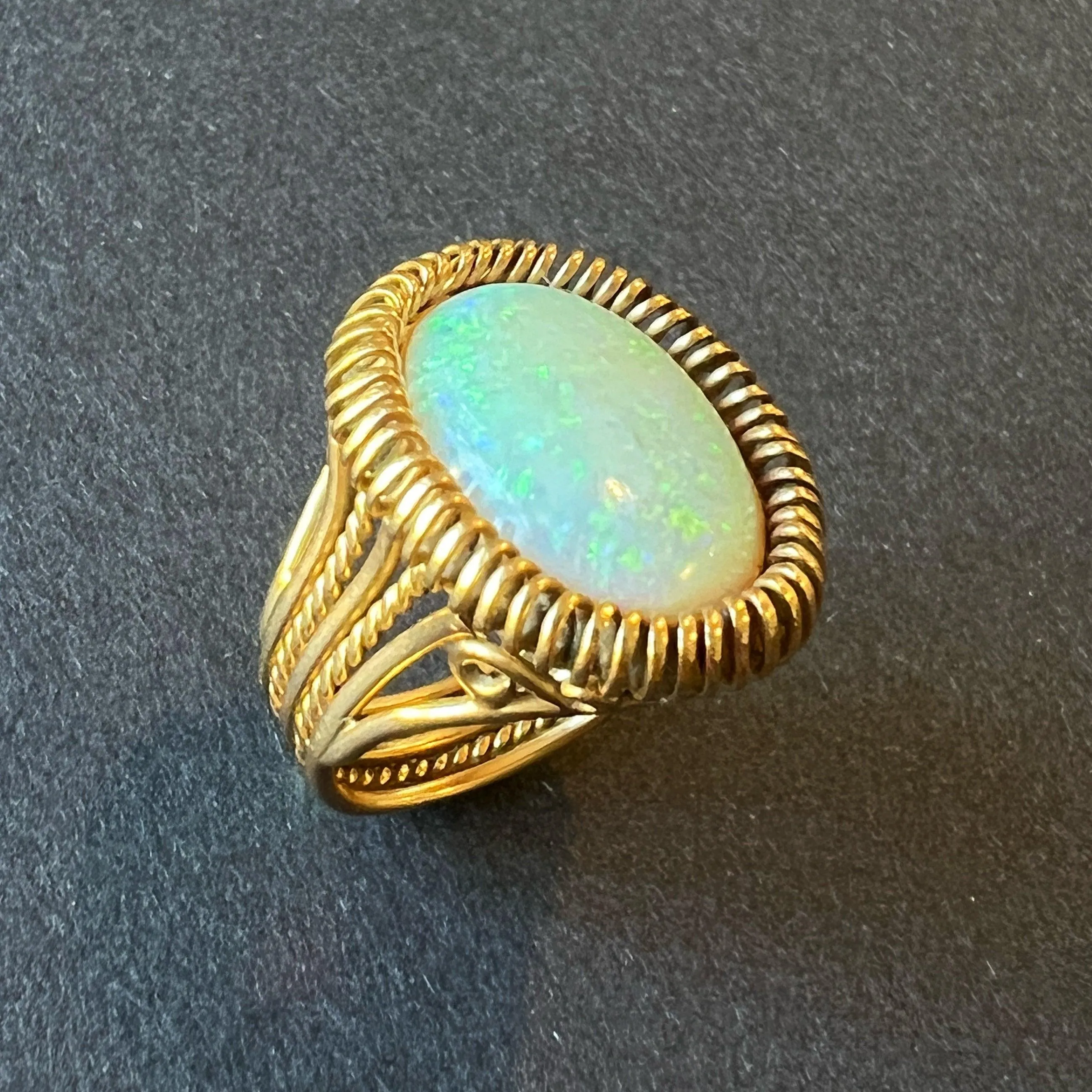 French vintage 18K gold Tubogas opal cabochon cocktail ring
