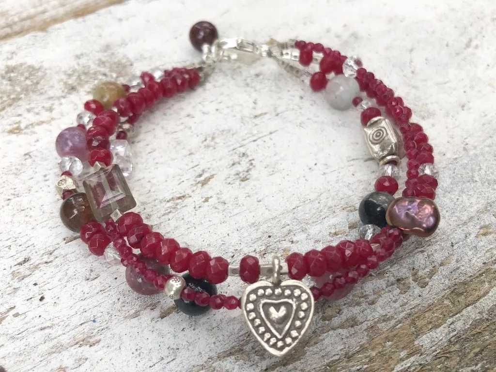 Garnet Red and Silver Triple Strand Bracelet