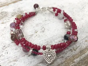 Garnet Red and Silver Triple Strand Bracelet