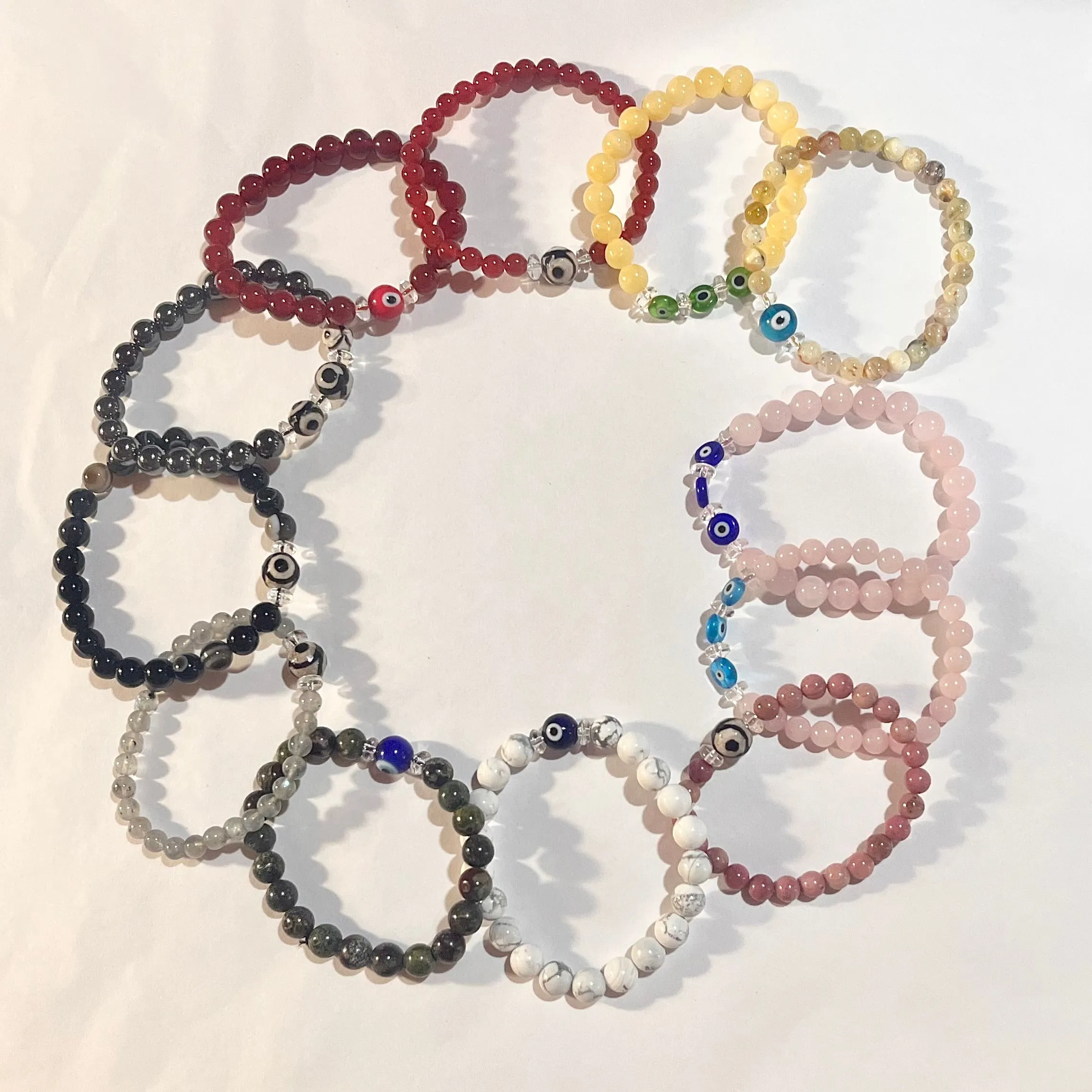 Gemstone Bead Bracelets with Evil Eye ~ Rose Quartz, Calcite, Yellow Opal