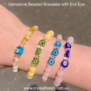 Gemstone Bead Bracelets with Evil Eye ~ Rose Quartz, Calcite, Yellow Opal