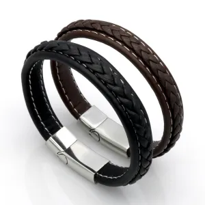 Genuine Leather Bracelet Men Stainless Steel Leather Braid Bracelet With Magnetic Buckle Clasp