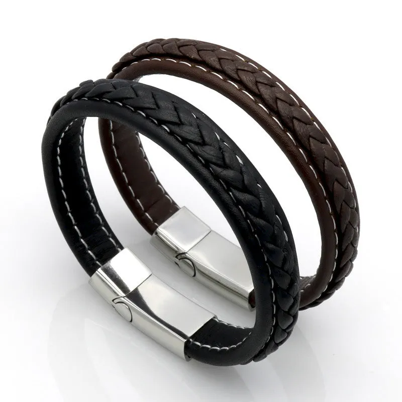 Genuine Leather Bracelet Men Stainless Steel Leather Braid Bracelet With Magnetic Buckle Clasp