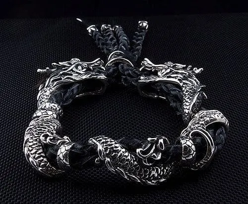 Genuine Leather Dragon Sterling Silver Men's Bracelet