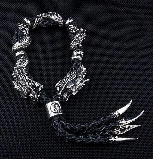 Genuine Leather Dragon Sterling Silver Men's Bracelet